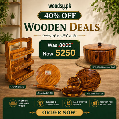 Woodsy Premium Kitchen Combo – Hotpot+ Tray Set + Tukri Plate Set + Chakla Belan | 40% OFF Deal