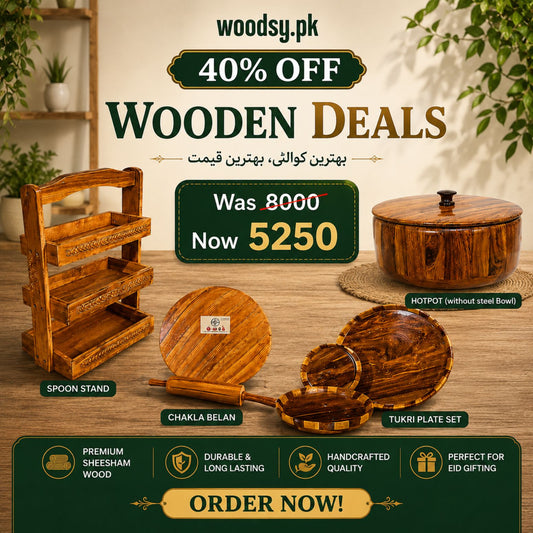 Woodsy Premium Kitchen Combo – Hotpot+ Tray Set + Tukri Plate Set + Chakla Belan | 40% OFF Deal