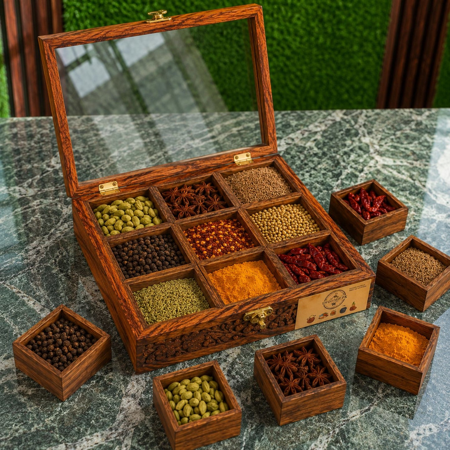 9 Portion Wooden spice box (handcarved) with Spoon & Non-Breakable Glass Lid