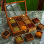 9 Portion Wooden spice box (handcarved) with Spoon & Non-Breakable Glass Lid