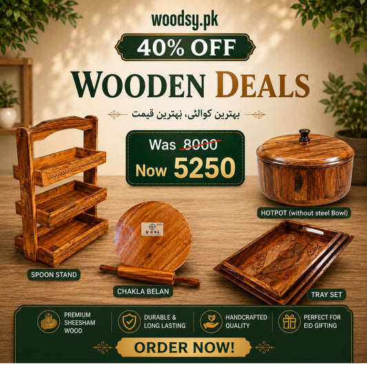 Woodsy Premium Kitchen Combo – Hotpot  + Tray Set + Spoon Stand + Chakla Belan | 40% OFF Deal