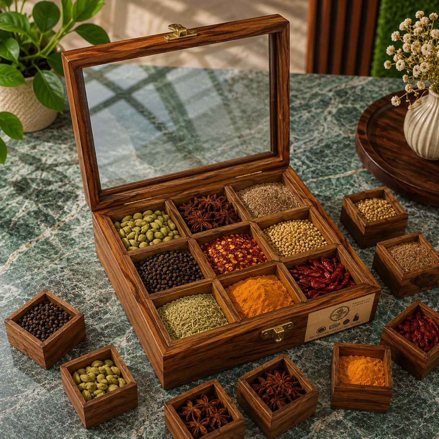 9 Portion Wooden spice Box with Spoon & Non-Breakable Glass Lid