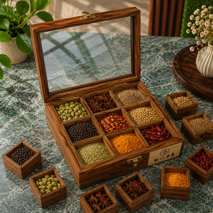 9 Portion Wooden spice Box with Spoon & Non-Breakable Glass Lid
