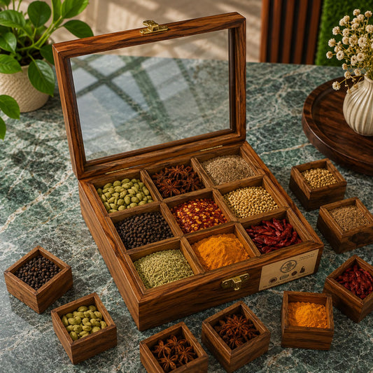 9 Portion Wooden spice Box with Spoon & Non-Breakable Glass Lid