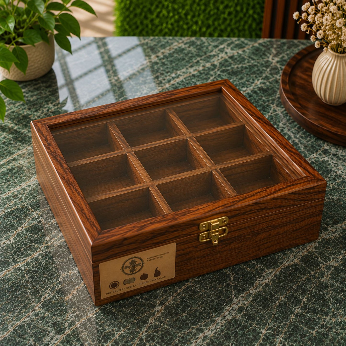 9 Portion Wooden spice Box with Spoon & Non-Breakable Glass Lid