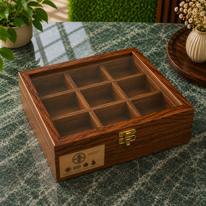 9 Portion Wooden spice Box with Spoon & Non-Breakable Glass Lid