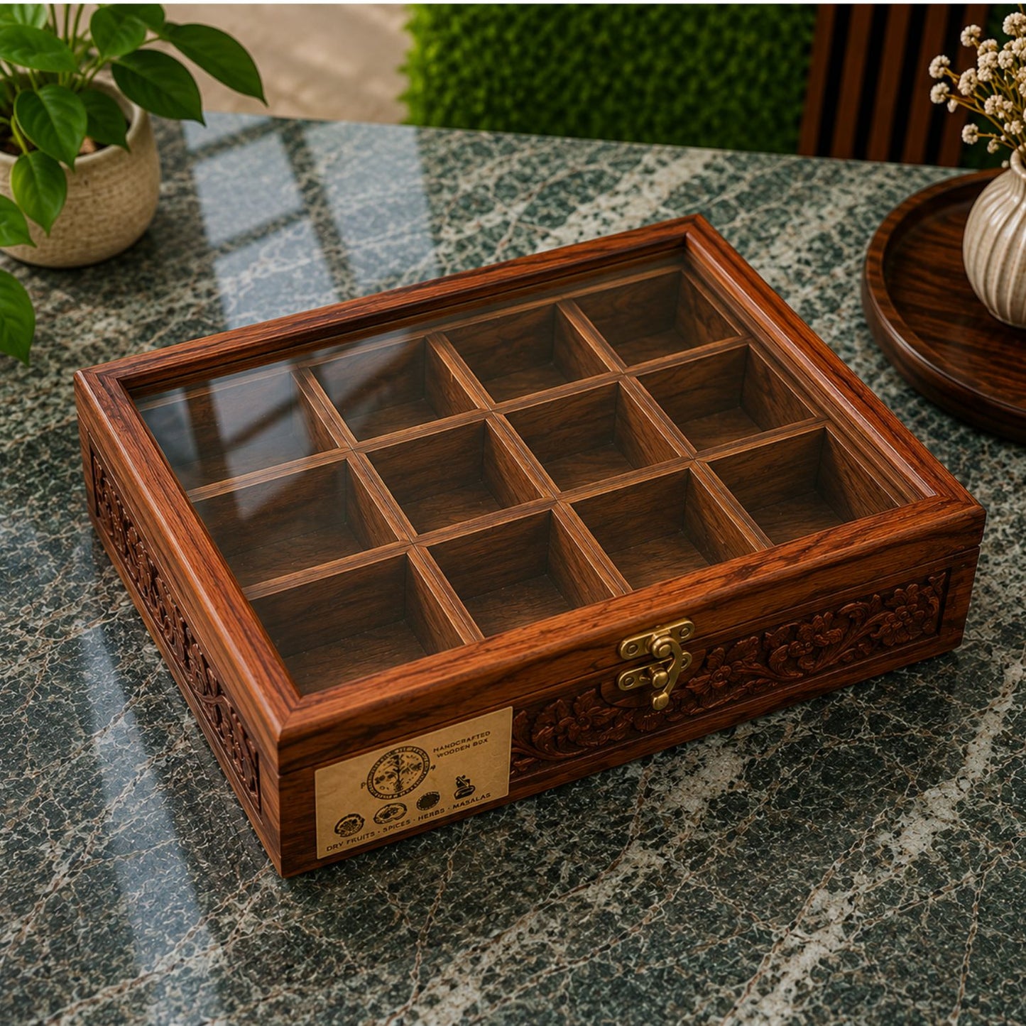 12 Portion Handcarved Design Wooden Spice Box with Spoon & Non-Breakable Glass Lid