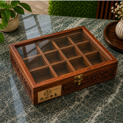 12 Portion Handcarved Design Wooden Spice Box with Spoon & Non-Breakable Glass Lid