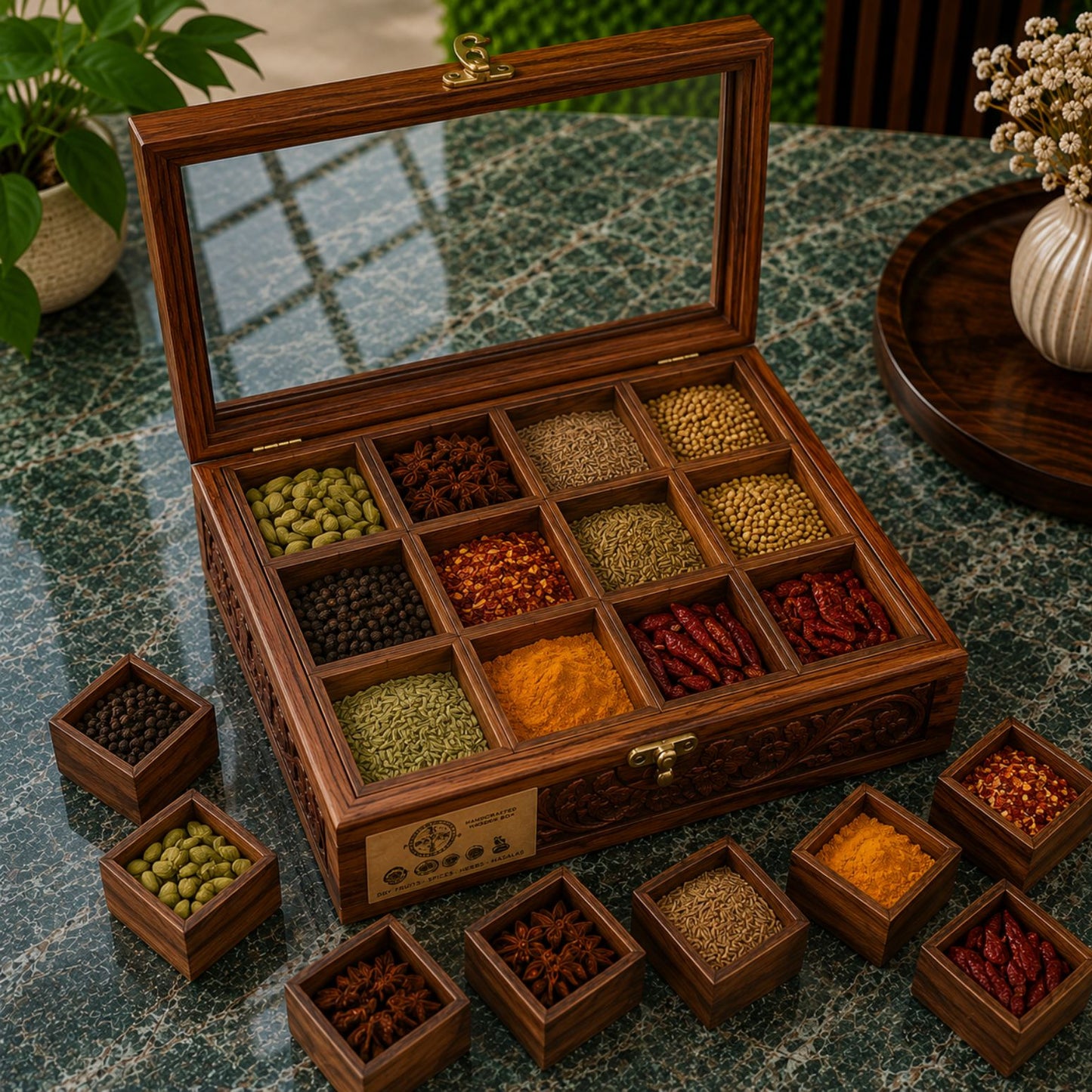 12 Portion Handcarved Design Wooden Spice Box with Spoon & Non-Breakable Glass Lid