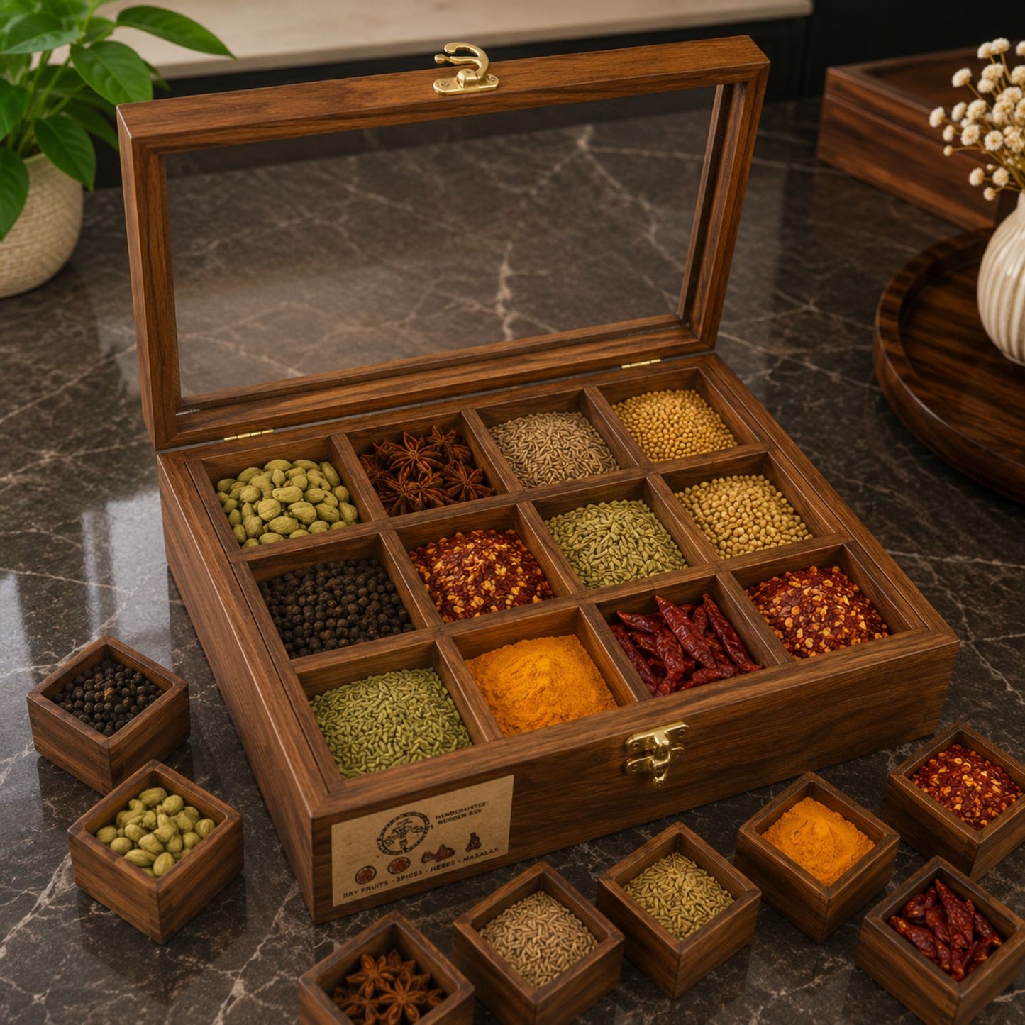 12 Portion Wooden Spice Box with Spoon & Non-Breakable Glass Lid