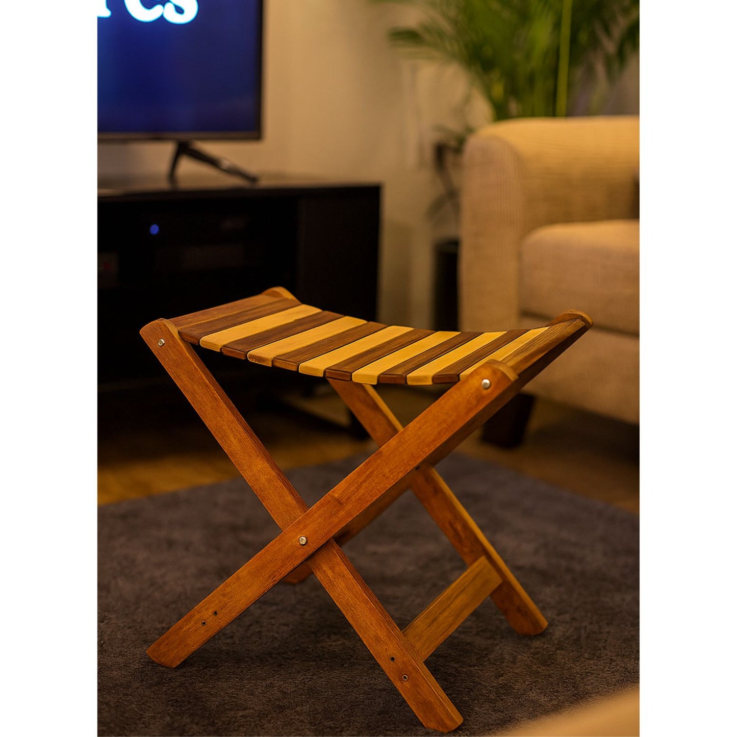 Handmade Foldable Wooden Stool – Natural Sheesham Wood Finish | 20” Height × 21” Length × 12” Width