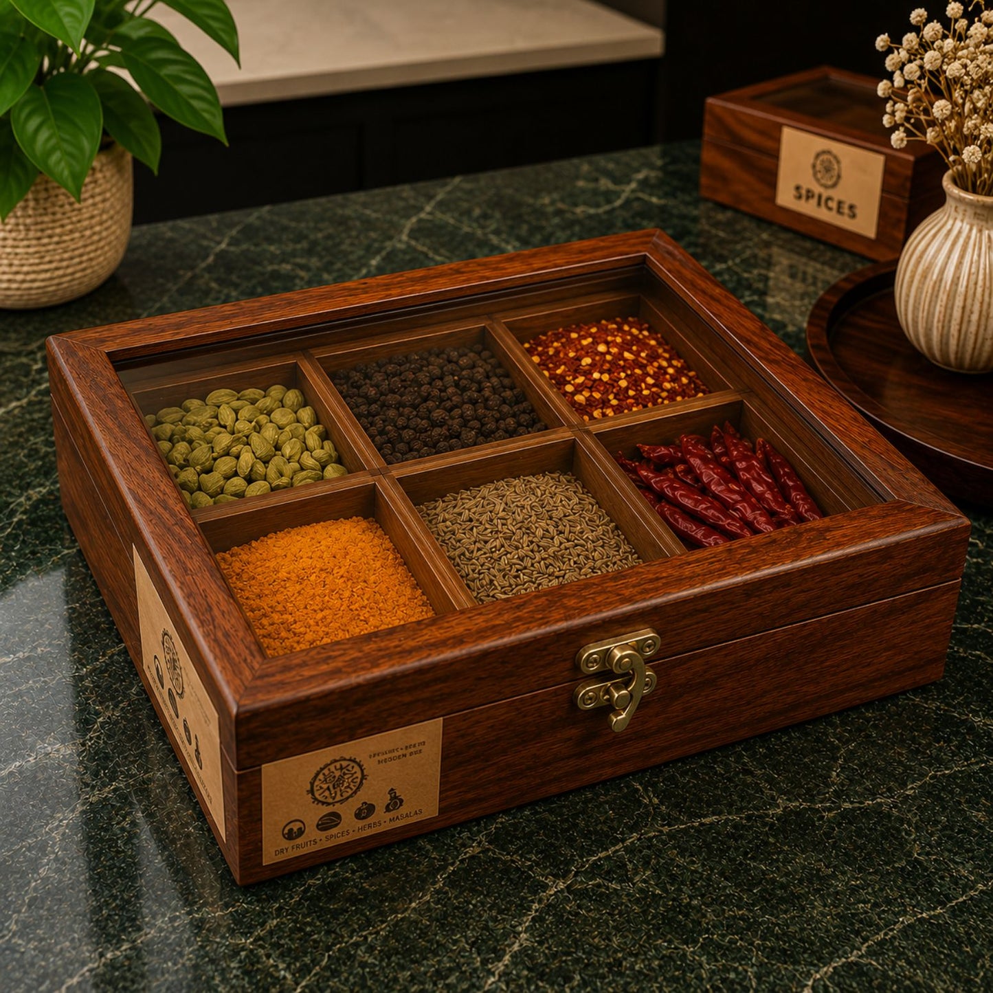 6 Portion Wooden Spice Box with Spoon & Non-Breakable Glass Lid