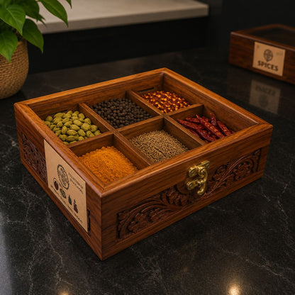 6 Portion Wooden Spice Box with Spoon & Non-Breakable Glass Lid (WITH HANDCARVED)