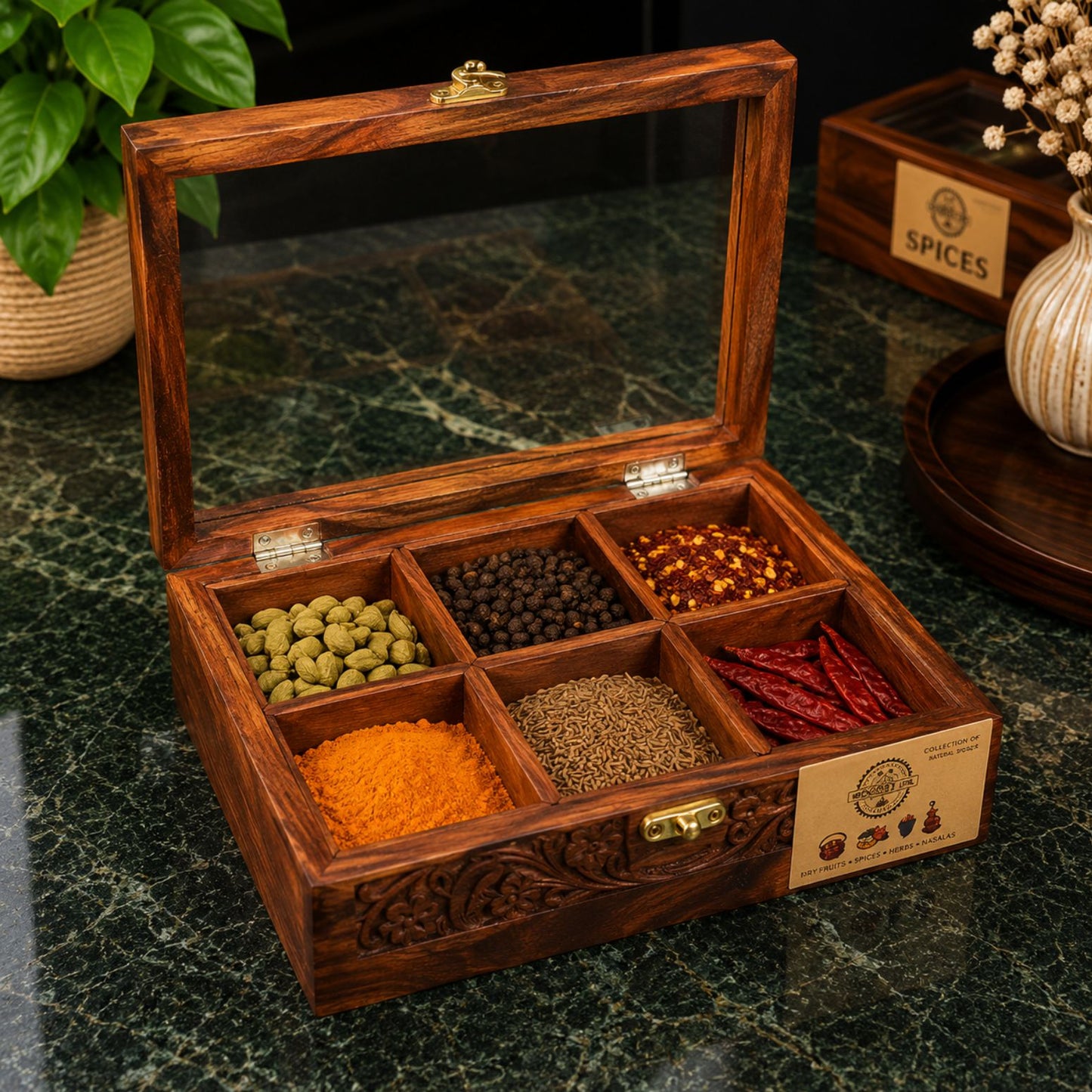 6 Portion Wooden Spice Box with Spoon & Non-Breakable Glass Lid (WITH HANDCARVED)