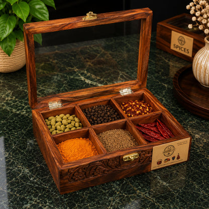 6 Portion Wooden Spice Box with Spoon & Non-Breakable Glass Lid (WITH HANDCARVED)