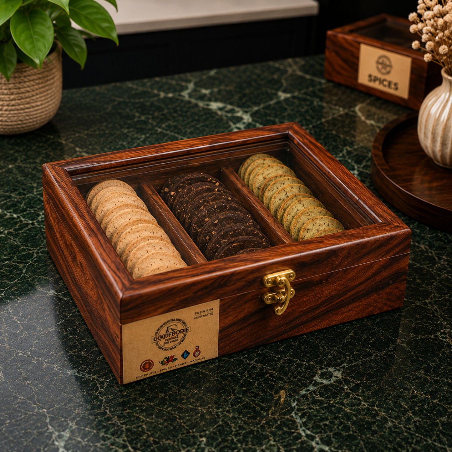 3 Portion Biscuit & Spice Box with Spoon & Non-Breakable Glass Lid