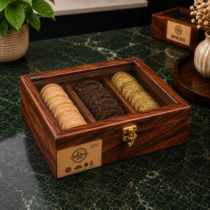 3 Portion Biscuit & Spice Box with Spoon & Non-Breakable Glass Lid
