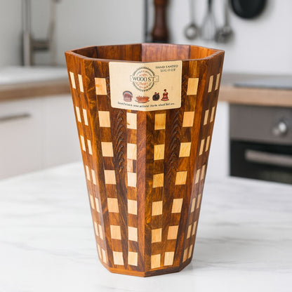 Handcrafted Wooden Dustbin in Tukri Style – Natural Sheesham Wood with Handcarved Detailing | 11” Height