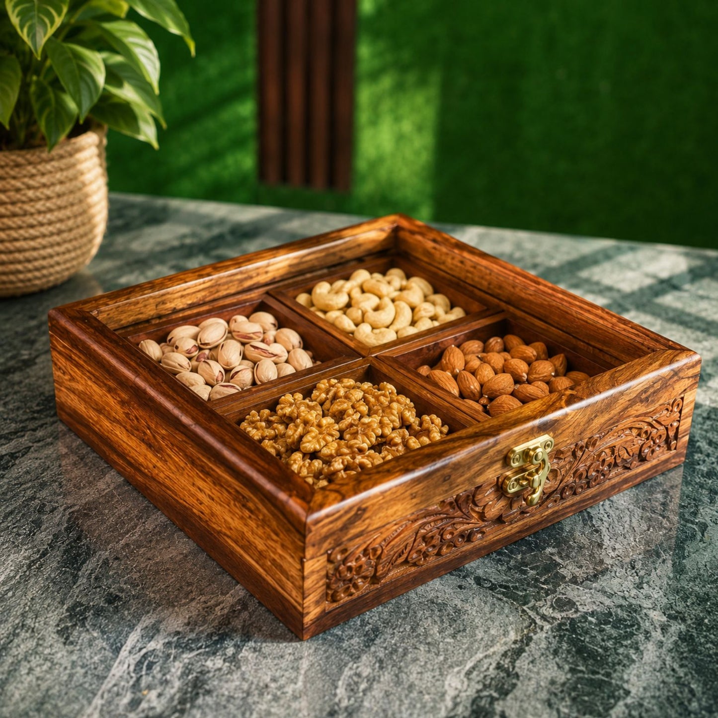 4 Portion Dry Fruit & Spice Box with Spoon & Non-Breakable Glass Lid