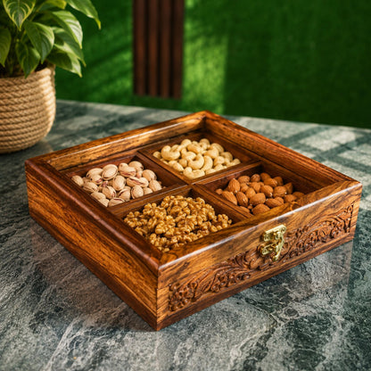 4 Portion Dry Fruit & Spice Box with Spoon & Non-Breakable Glass Lid