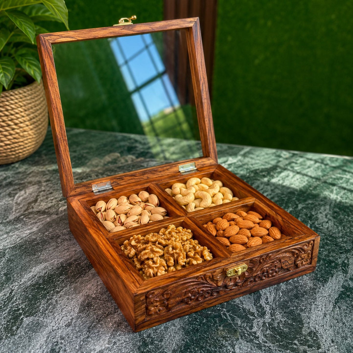 4 Portion Dry Fruit & Spice Box with Spoon & Non-Breakable Glass Lid