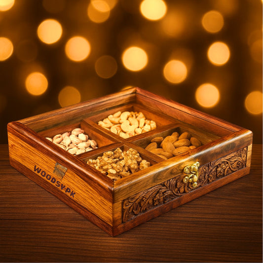 4 Portion Dry Fruit & Spice Box with Spoon & Non-Breakable Glass Lid