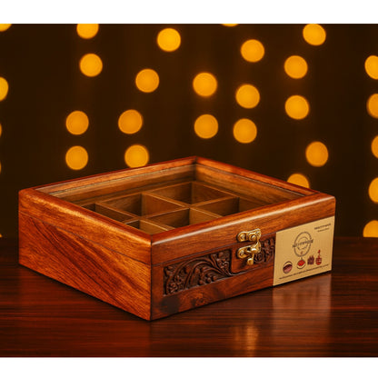 6 Portion Wooden Spice Box with Spoon & Non-Breakable Glass Lid