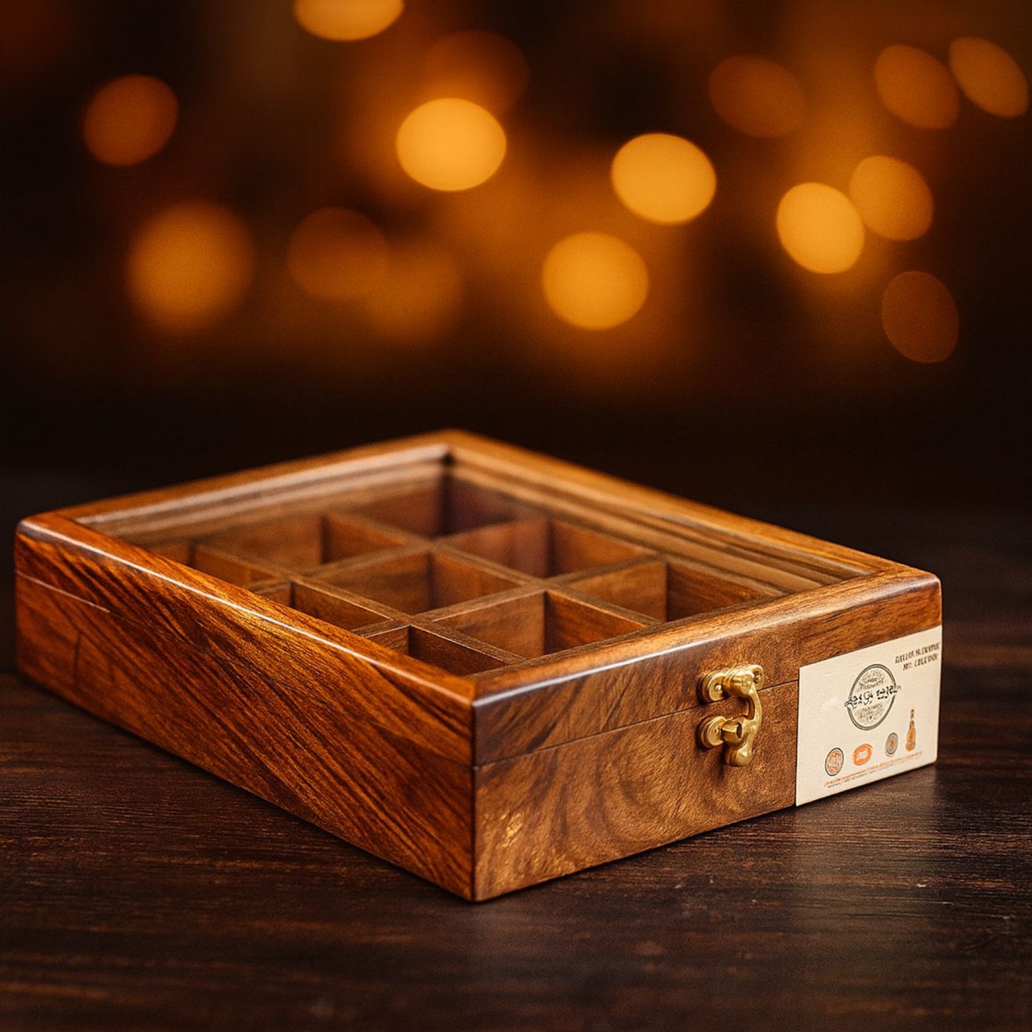 12 Portion Wooden Spice Box with Spoon & Non-Breakable Glass Lid