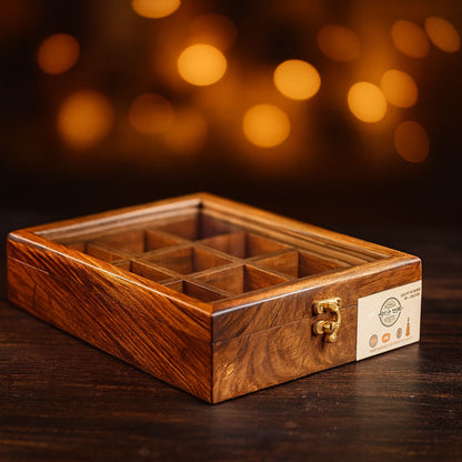 12 Portion Wooden Spice Box with Spoon & Non-Breakable Glass Lid