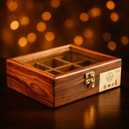 6 Portion Wooden Spice Box with Spoon & Non-Breakable Glass Lid