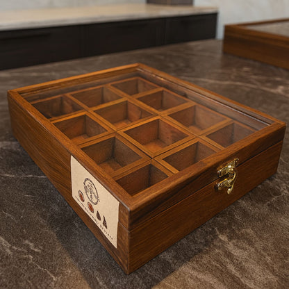 12 Portion Wooden Spice Box with Spoon & Non-Breakable Glass Lid