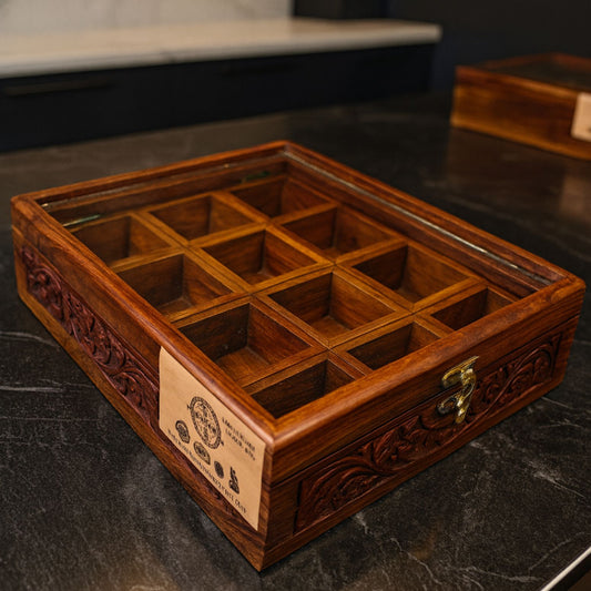 12 Portion Handcarved Design Wooden Spice Box with Spoon & Non-Breakable Glass Lid