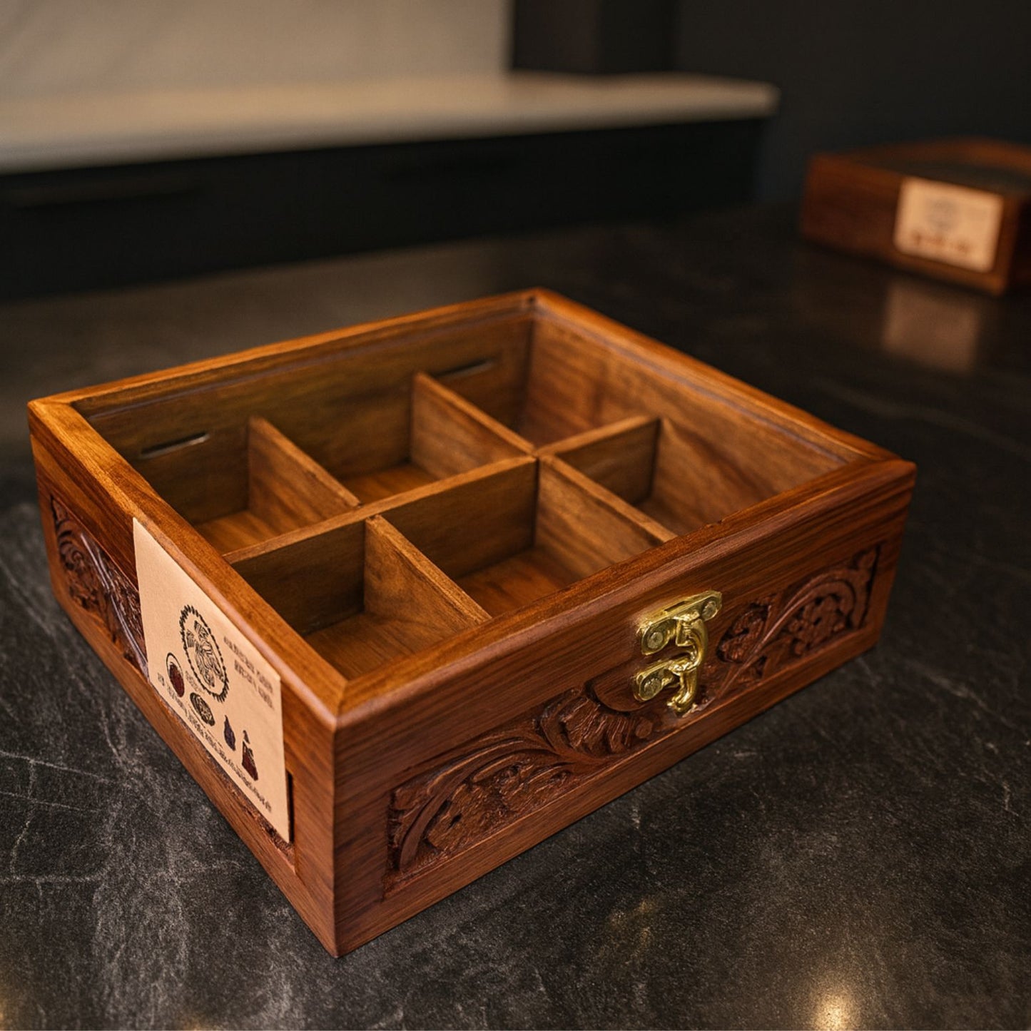 6 Portion Wooden Spice Box with Spoon & Non-Breakable Glass Lid