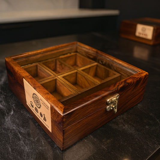 6 Portion Wooden Spice Box with Spoon & Non-Breakable Glass Lid