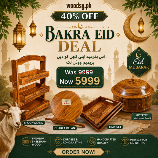 Woodsy Kitchen Combo Deal – Hotpot (Steel Bowl) + Tray Set + Chakla Belan + Spoon Stand | 40% OFF