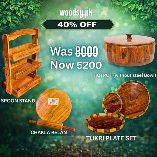Woodsy Premium Kitchen Combo – Hotpot+ Tray Set + Tukri Plate Set + Chakla Belan | 40% OFF Deal