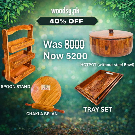 Woodsy Premium Kitchen Combo – Hotpot  + Tray Set + Spoon Stand + Chakla Belan | 40% OFF Deal