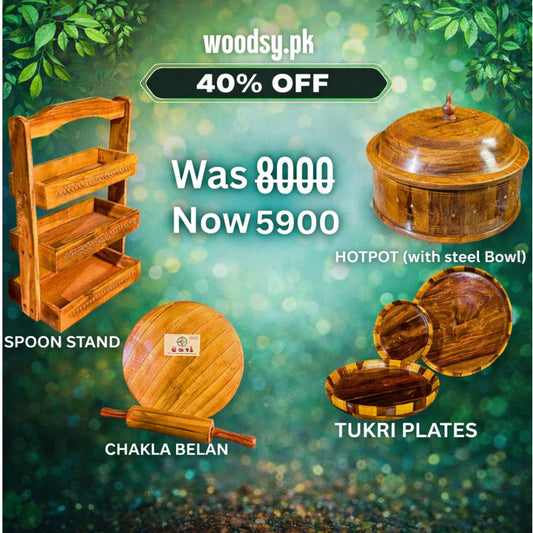 Woodsy Premium Kitchen Combo – Hotpot (Steel Bowl) + Spoon Stand + Plate Set + Chakla Belan | 40% OFF Deal