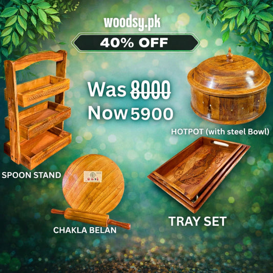 Woodsy Kitchen Combo Deal – Hotpot (Steel Bowl) + Tray Set + Chakla Belan + Spoon Stand | 40% OFF