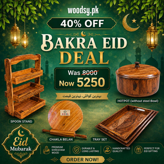Woodsy Premium Kitchen Combo – Hotpot  + Tray Set + Spoon Stand + Chakla Belan | 40% OFF Deal
