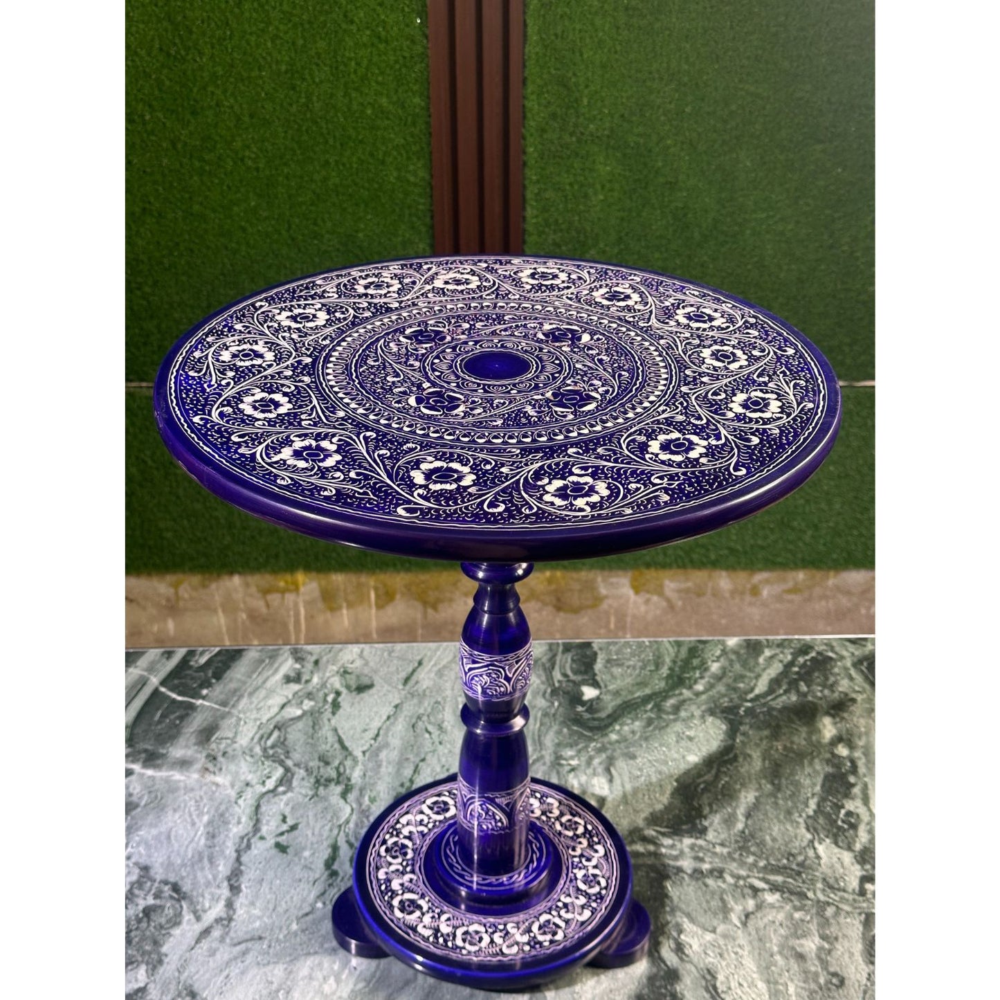 Elegant Blue & White Art Coffee Table – 18" Round Top, 20" Height | Handcrafted Lacquer Accent Table