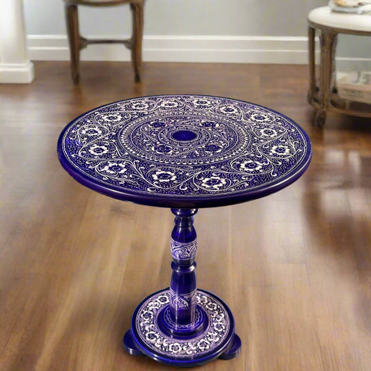 Elegant Blue & White Art Coffee Table – 18" Round Top, 20" Height | Handcrafted Lacquer Accent Table