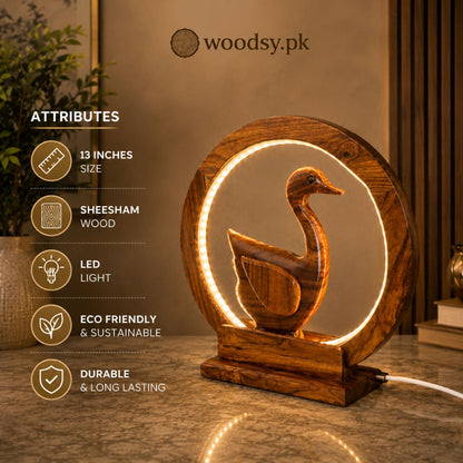 Elegant Swan LED Lamp – Handcrafted Sheesham Wood Decorative Light | Woodsy.pk