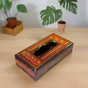 Handcrafted Wooden Tissue Box – Naqshi Art – Light Orange, Red & Yellow Shades with Black – 6x11 inch