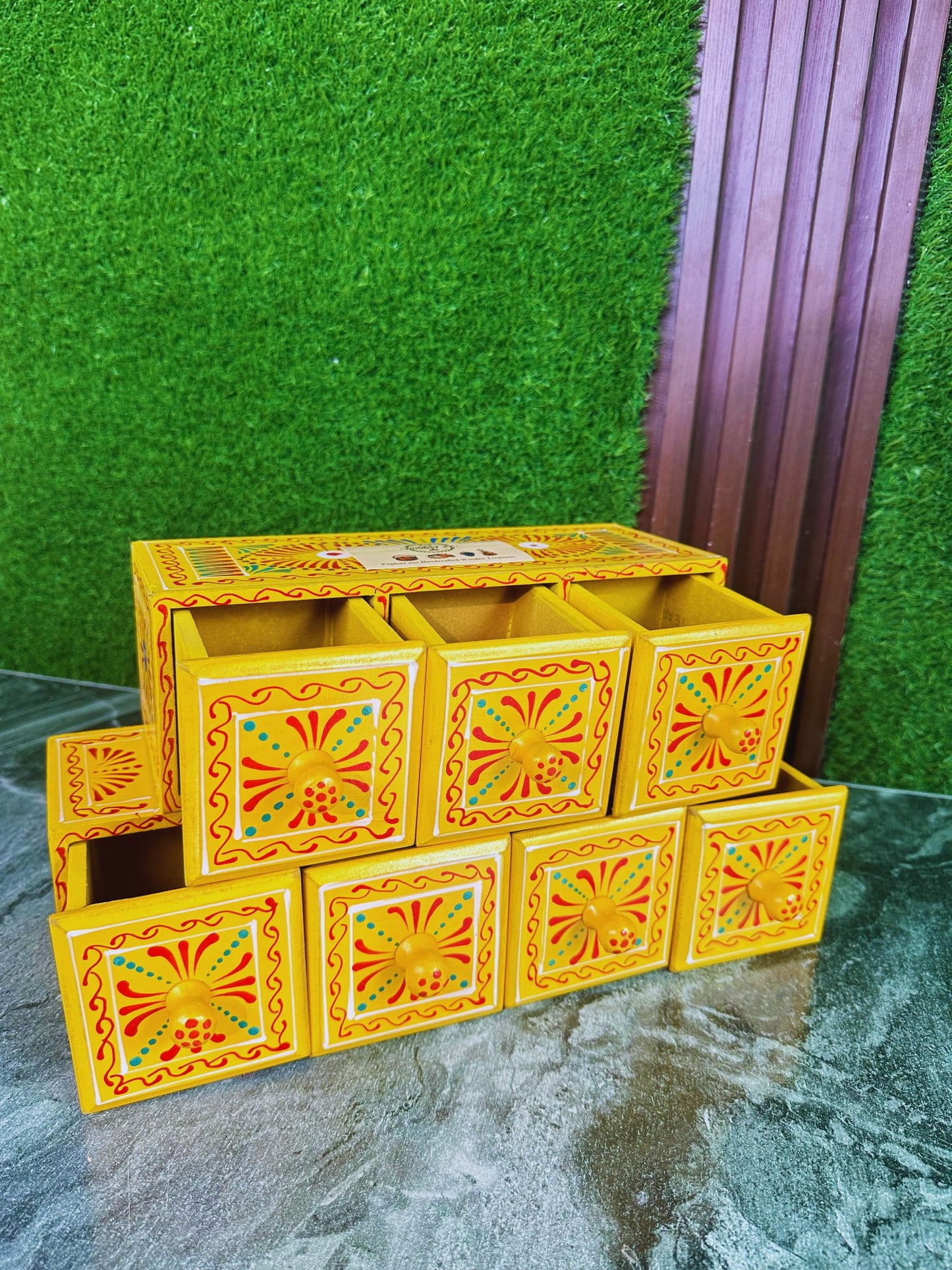 Hand-Painted Yellow Wooden Spice Box – 7 Portion Truck Art Design | Sheesham Wood Kitchen Organizer