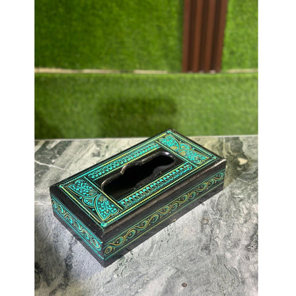 Handcrafted Wooden Tissue Box – Naqshi Art – Turquoise (Ferozi) & Black – 6x11 inch