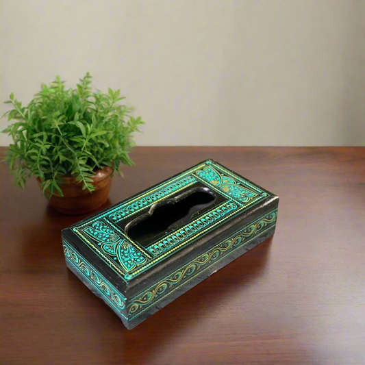 Handcrafted Wooden Tissue Box – Naqshi Art – Turquoise (Ferozi) & Black – 6x11 inch