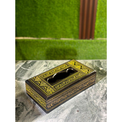 Handcrafted Wooden Tissue Box – Naqshi Art – Dark Yellow & Black – 6x11 inch