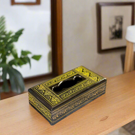 Handcrafted Wooden Tissue Box – Naqshi Art – Dark Yellow & Black – 6x11 inch