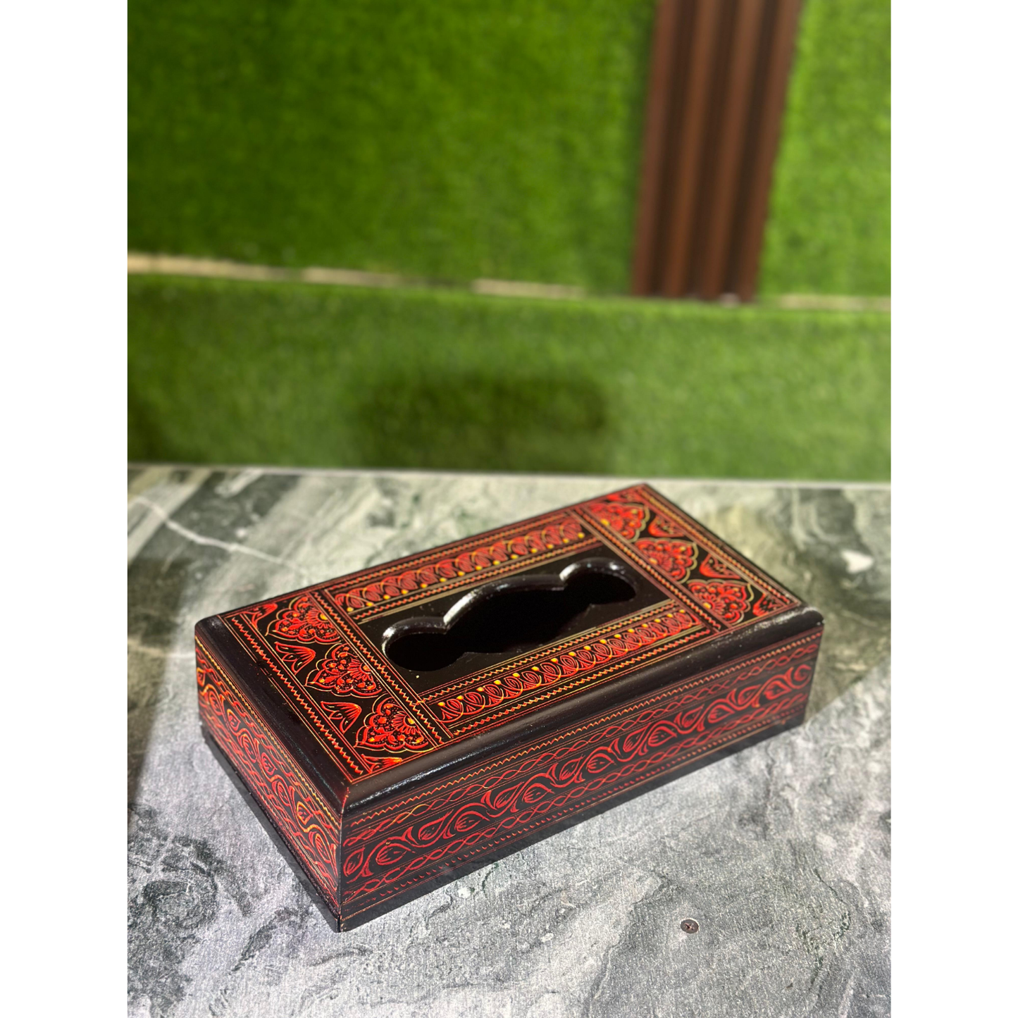 Handcrafted Wooden Tissue Box – Naqshi Art – Dark Red & Black – 6x11 inch